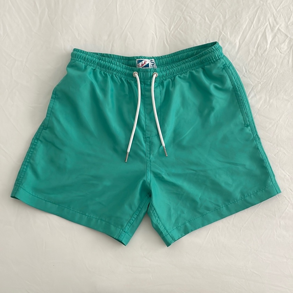 Bermies swim trunks, size Small in teal/green. Pineapple pattern transition.
